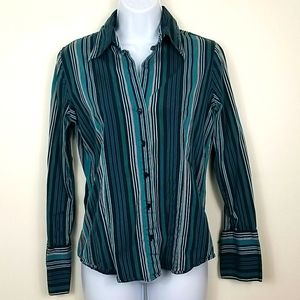 NY & Co Striped Turquoise/Black Button Shirt M